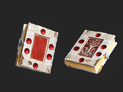 Ornate Antique Books With Silver Borders Red Gemstones And Carved Tree Design 3d model
