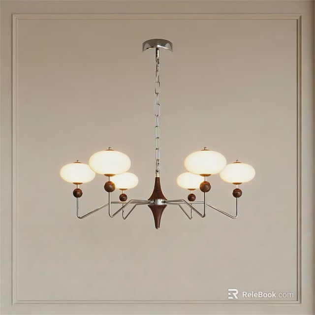 Modern Chandelier With Five Spherical Lampshades Chrome Frame And Wooden Details 3d model 