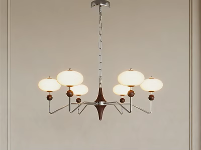 Modern Chandelier With Five Spherical Lampshades Chrome Frame And Wooden Details 3d model