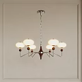 Modern Chandelier With Five Spherical Lampshades Chrome Frame And Wooden Details