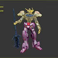 Game Movie Character Mech Warrior With Yellow Horn Blue White Gray Holding Spear Red Accents