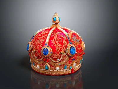 Elegant Red Decorative Crown With Gold Embroidery Blue Gemstones And Pearls 3d model