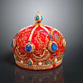 Elegant Red Decorative Crown With Gold Embroidery Blue Gemstones And Pearls