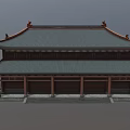 Ancient Chinese Architecture Two Story With Overhanging Eaves Dark Tiled Roof Red Pillars Stone Steps