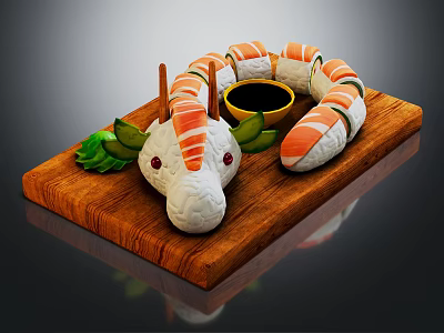 Snake Shaped Sushi Platter With Decorative Head Green Garnish On Wooden Tray And Soy Sauce 3d model