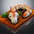 Snake Shaped Sushi Platter With Decorative Head Green Garnish On Wooden Tray And Soy Sauce