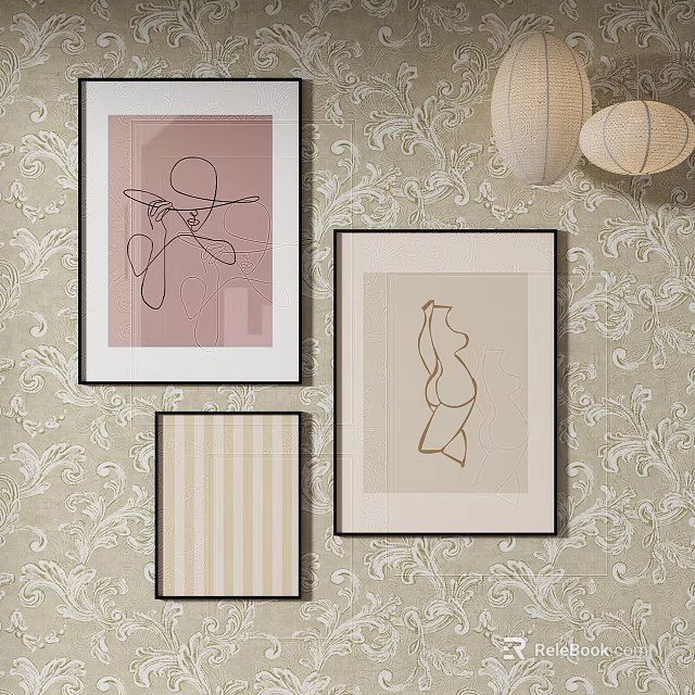 Abstract Line Art Paintings With Frames Hanging On Decorative Wallpaper Background 3d model 