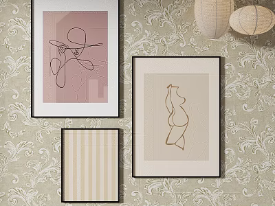 Abstract Line Art Paintings With Frames Hanging On Decorative Wallpaper Background 3d model