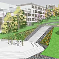 Eco Friendly Building Complex Design With Green Rooftops Lawns Trees Pathways And People