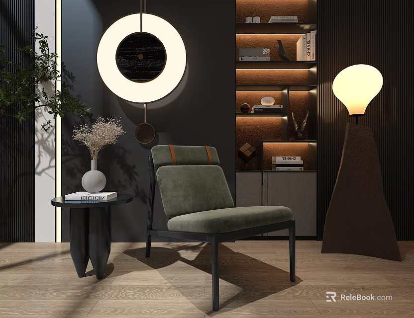 Modern Living Room Interior With Green Armchair Round Mirror Wooden Shelves And Floor Lamp 3d model 