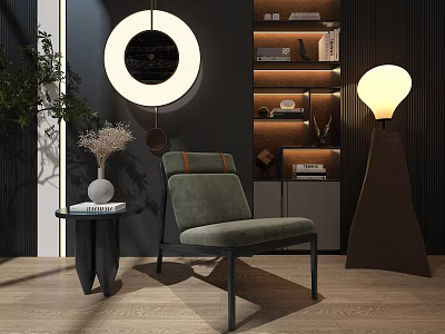 Modern Living Room Interior With Green Armchair Round Mirror Wooden Shelves And Floor Lamp 3d model