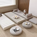 Modern Beige Fabric Sofa and Coffee Table Set With Round Ottomans And Wooden Wall Accent
