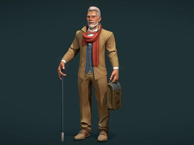 Elderly Man In Brown Suit With Red Scarf Blue Vest Cane And Briefcase 3d model