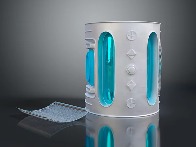 Silver Cylindrical Structure With Blue Transparent Windows Geometric Details And Mesh Base 3d model