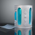 Silver Cylindrical Structure With Blue Transparent Windows Geometric Details And Mesh Base