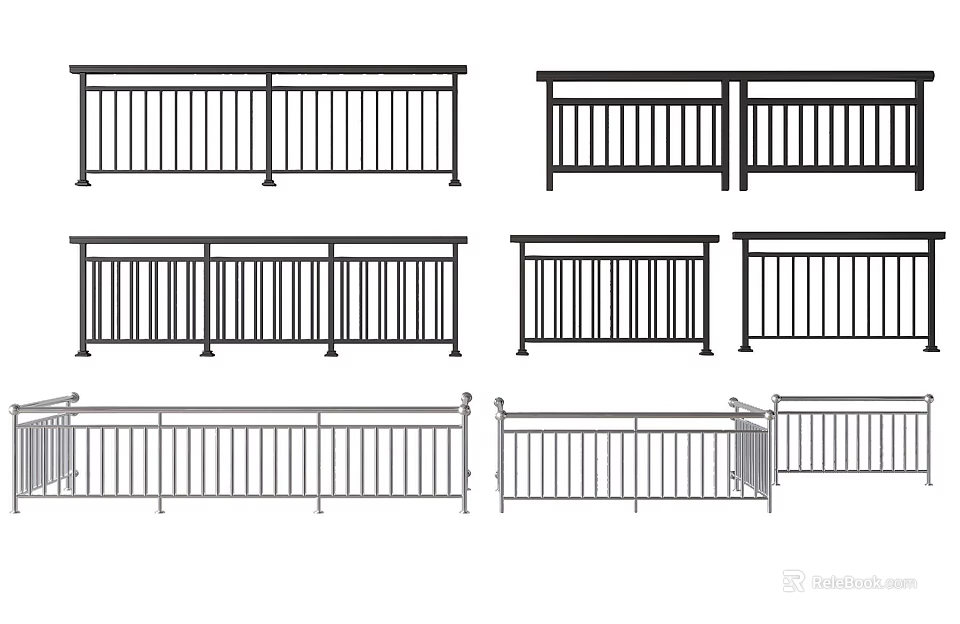 Various Metal Fence Designs With Horizontal Vertical Bars And Decorative Elements 3d model 