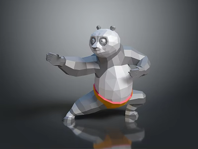Low Poly Panda Character In Martial Arts Pose With Yellow Shorts On Reflective Surface 3d model