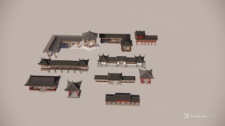 Traditional Landscape Pavilions Featuring Various Roof Designs And Wooden Structures For Gardens 3d model 