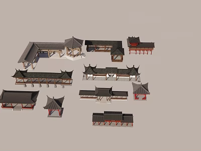 Traditional Landscape Pavilions Featuring Various Roof Designs And Wooden Structures For Gardens 3d model