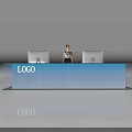Modern Reception Desk with Curved Design Smooth Surface LED Lighting and Staff Working 3d model