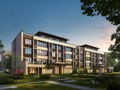 Modern Townhouse Exterior Design With Landscaped Garden Large Windows And Greenery 3d model