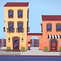 Cartoon Scene With Yellow Orange Buildings Red Roofs Pizza Shop Striped Awning And Street Lamp