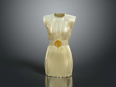 Elegant White Sleeveless Dress With Vertical Striped Texture And Gold Round Decorative Belt Buckle 3d model