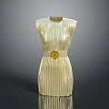 Elegant White Sleeveless Dress With Vertical Striped Texture And Gold Round Decorative Belt Buckle