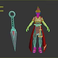 Game Movie Character In White Top Red Skirt With Green Red Headwear And Ringed Blade