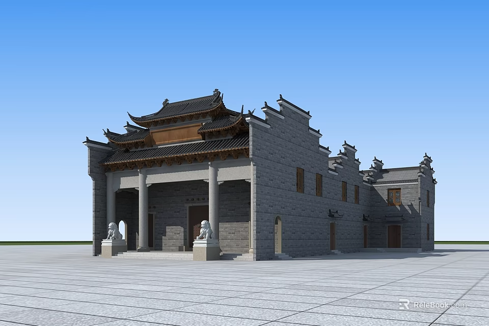 Traditional Chinese Ancient Architecture With Ornate Eaves Gray Tiles And Stone Lions 3d model 