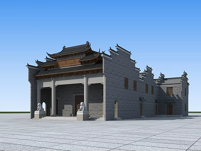 Traditional Chinese Ancient Architecture With Ornate Eaves Gray Tiles And Stone Lions 3d model