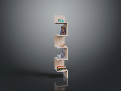 Modern Wooden Bookcase Design With Tiered Shelves Books And Decorative Items 3d model