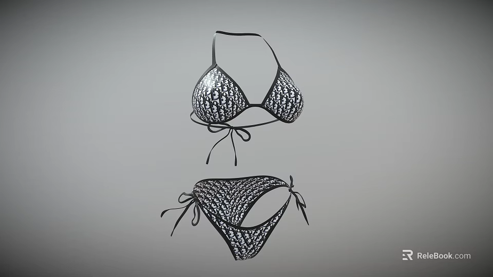 Black Lace Mesh Bikini Set With Tie Up Straps For Summer Beach Wear 3d model 