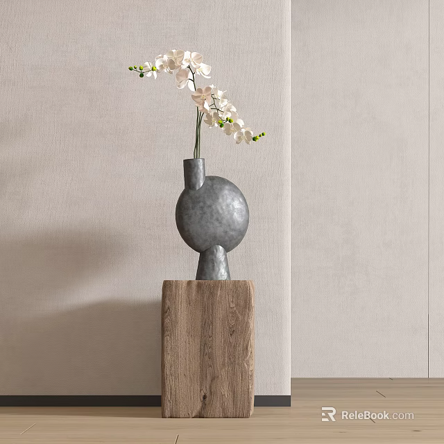 Bonsai Plant in Gray Ceramic Pot on Wooden Stand with Beige Wall Backdrop 3d model 