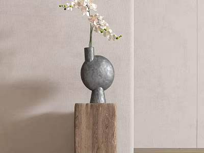 Bonsai Plant in Gray Ceramic Pot on Wooden Stand with Beige Wall Backdrop 3d model