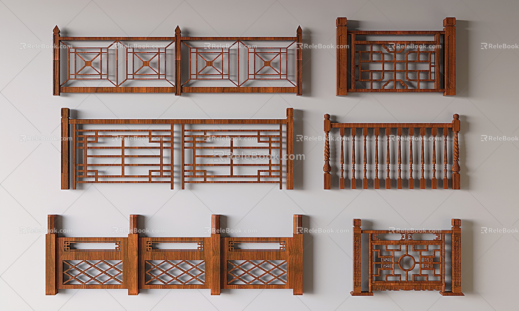 New Chinese Style Solid Wood Railing Hollow Carved Fence Guardrail 3d model