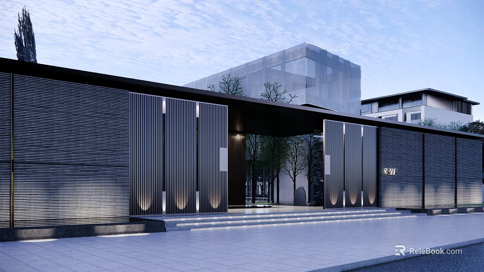 Modern Entrance Gate Design With Metal Grilles Steps Green Plants And Modern Building 3d model 