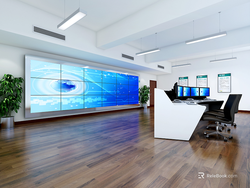 Modern Monitoring Room Interior With Large Screen Wall Blue Displays Workstation And Green Plants 3d model 