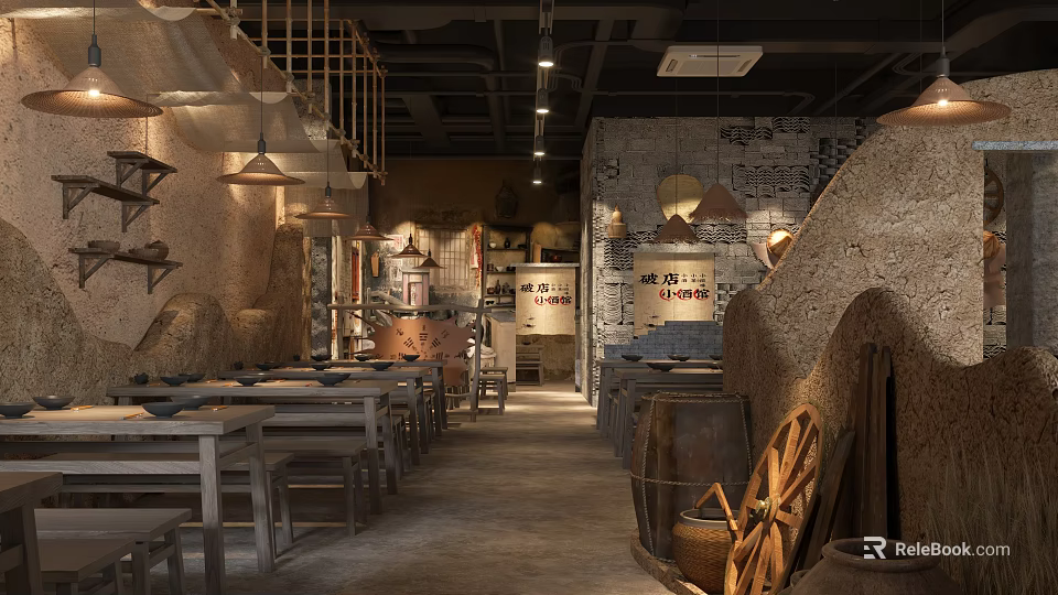 Rustic Chinese Restaurant Interior With Earthen Walls Wooden Tables Lanterns And Vintage Decor 3d model 
