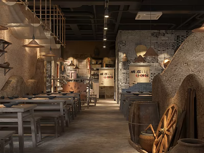 Rustic Chinese Restaurant Interior With Earthen Walls Wooden Tables Lanterns And Vintage Decor 3d model
