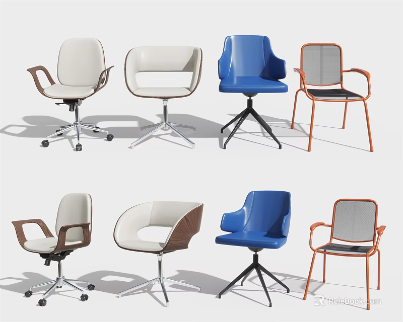 Modern Office Chairs Featuring Various Styles Colors Ergonomic Designs and Different Bases 3d model 