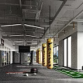 Modern Fitness Gym Interior With Hanging Yellow Punching Bags Green Mats And City View Windows