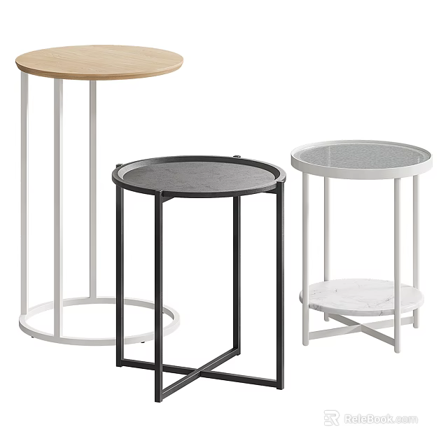Three Stylish Side Tables With Round Tabletop And Metal Frame Designs 3d model 