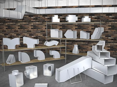 Industrial Metal Pipe Fittings in Various Shapes on Shelves with Brick Wall 3d model