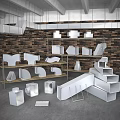 Industrial Metal Pipe Fittings in Various Shapes on Shelves with Brick Wall