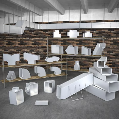 Industrial Metal Pipe Fittings in Various Shapes on Shelves with Brick Wall 3d model