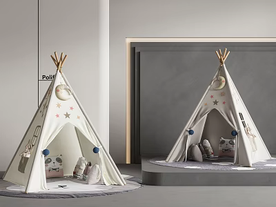 Light Colored Kids Tepee Tent Decorated With Stars Moon And Animal Patterns 3d model