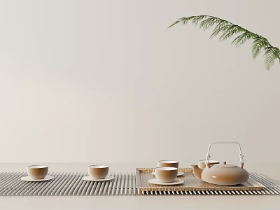 Minimalist Tea Set With Teapot Cups On Bamboo Mat Tray And Plant Branch 3d model