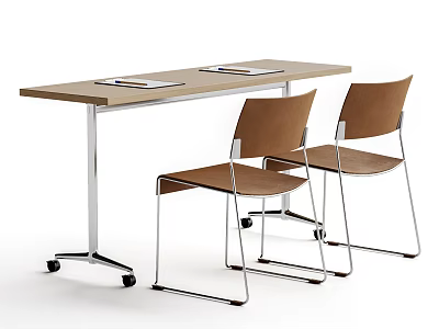 Modern Table and Chair Set with Wooden Tabletop Metal Legs and Brown Seats 3d model