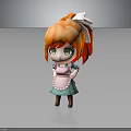 Cartoon Style Cute 3D Character With Orange Hair Green Eyes Blue Dress And White Apron